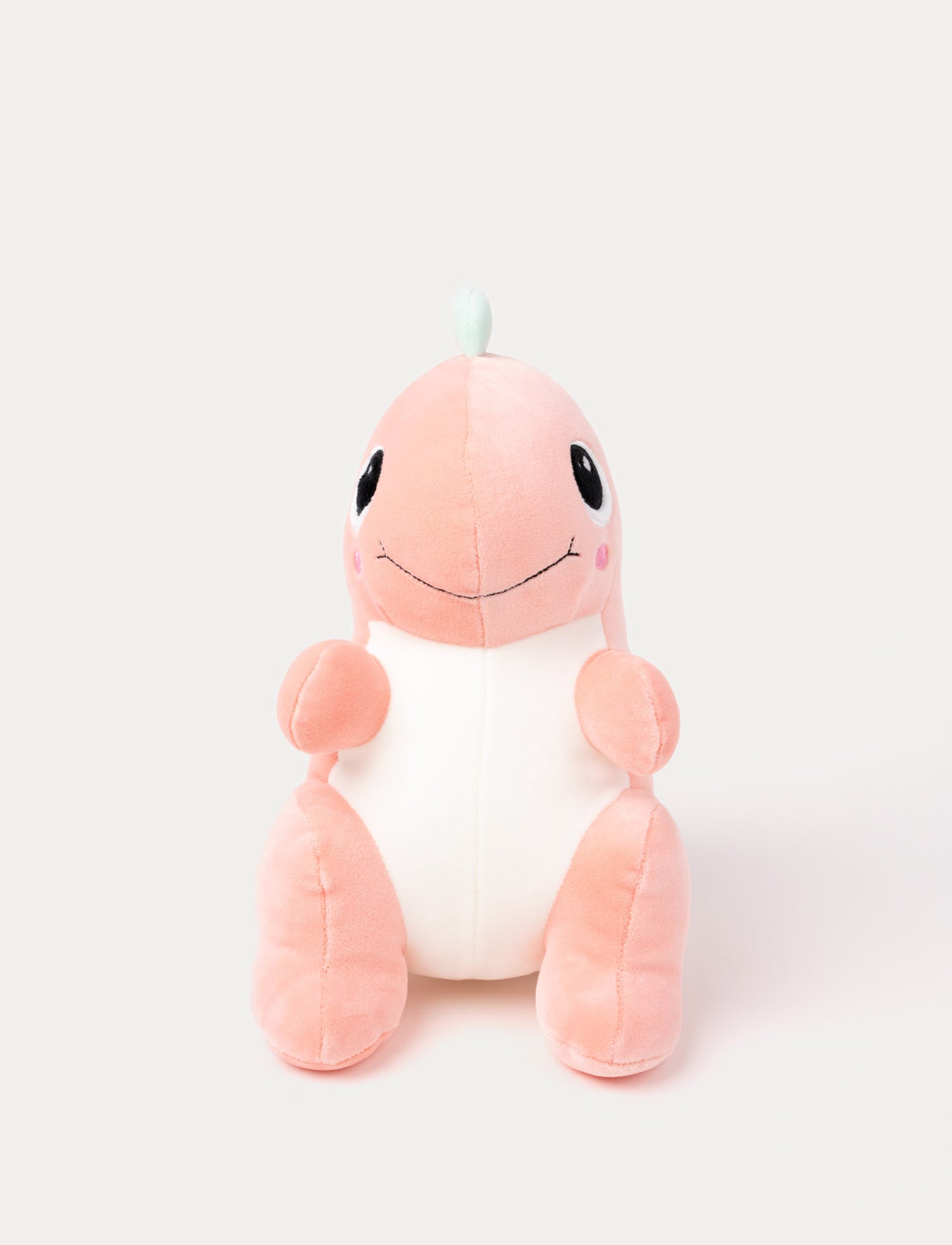 A pink dinosaur with soft, squishy filling, smooth spandex fabric, embroidered details.