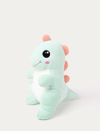 soft dinosaur in mint color with squishy filling, smooth spandex fabric, and embroidered details.