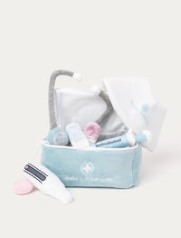 A soft plush doctor’s kit with a stethoscope, thermometer, syringe, Velcro bandages, and an adjustable cone.