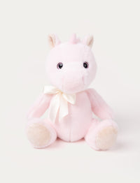 A pink unicorn with a satin bow, sparkling eyes, fluffy ears, and silky, cashmere-like fur.