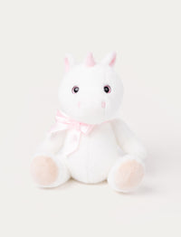 A white unicorn with a satin bow, sparkling eyes, fluffy ears, and silky, cashmere-like fur.