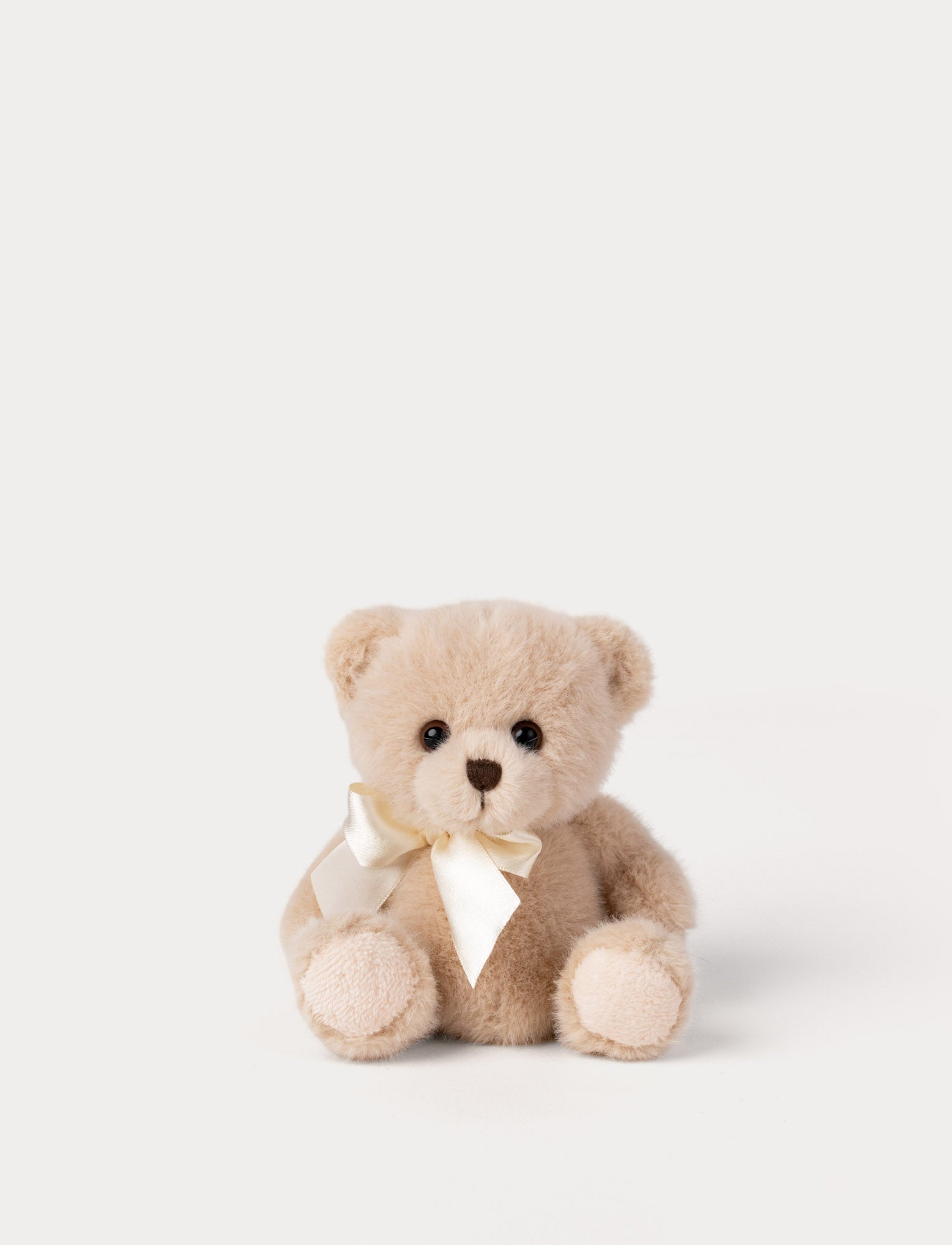  Image of Beige teddy bear with a white satin ribbon