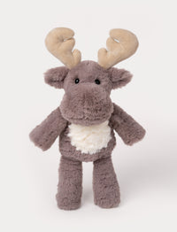 Soft brown moose plush with beige antlers, a white belly, and shiny black eyes.