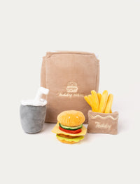 Soft plush fast food set including a burger, fries, a drink, and a brown "Teddy Meal" bag.