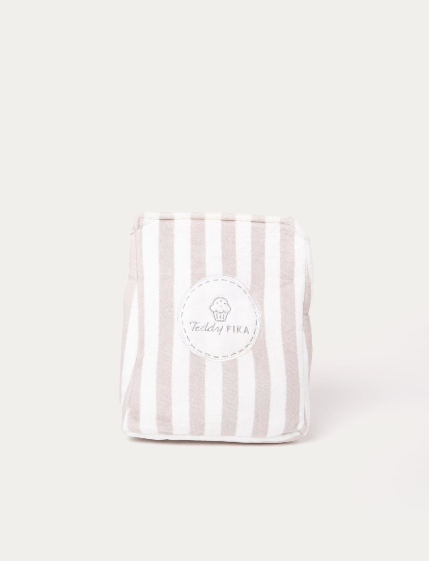 Soft plush fika set including a cupcake, donut, cinnamon roll, coffee cup, and a striped "Teddy FIKA" bag.
