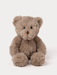 Soft brown teddy bear plush with fluffy fur, a stitched brown nose, and shiny black eyes.