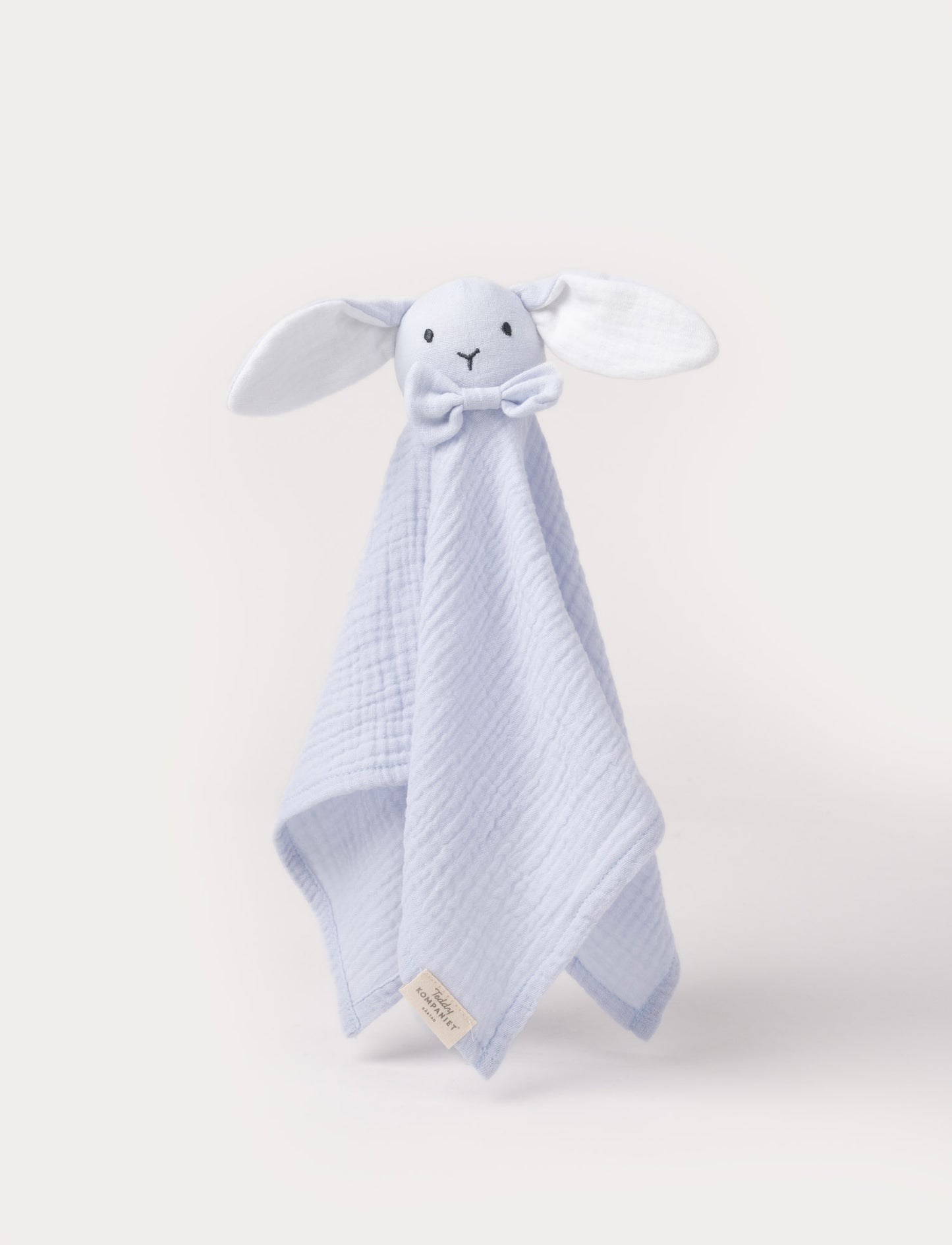 Soft baby blanket with a plush light blue, levander bunny head, long floppy ears, and a small bow.