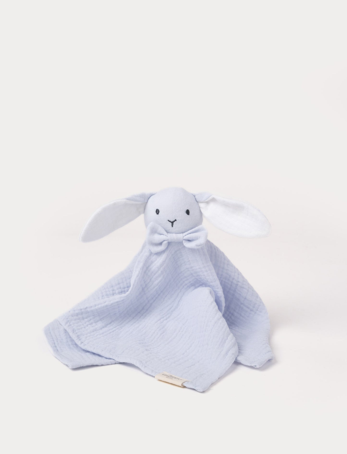 Soft baby blanket with a plush light blue , levander bunny head, long floppy ears, and a small bow.