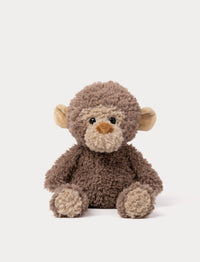 Soft brown monkey plush toy with curly fur, beige face, and cute round ears.