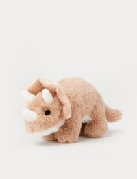 Soft peach Triceratops dinosaur plush toy with fluffy fur and three white horns