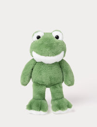 Soft green frog plush toy with big eyes, wide smile, and white details.
