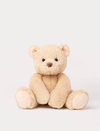 Soft beige teddy bear plush toy sitting with long arms and cute face.