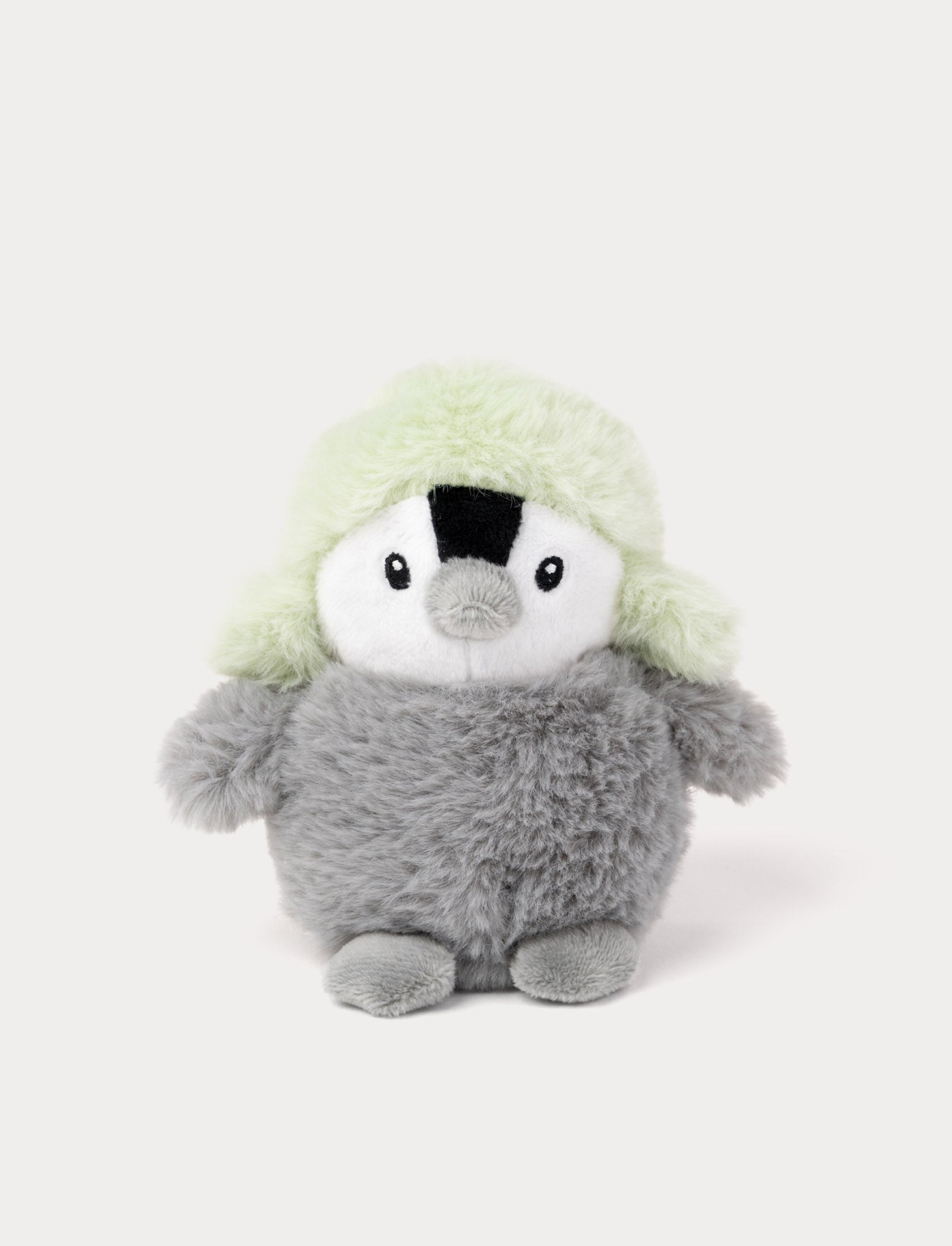 Image of Fluffy grey penguin plush with a light green hat.