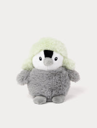 Fluffy grey penguin plush with a light green hat.