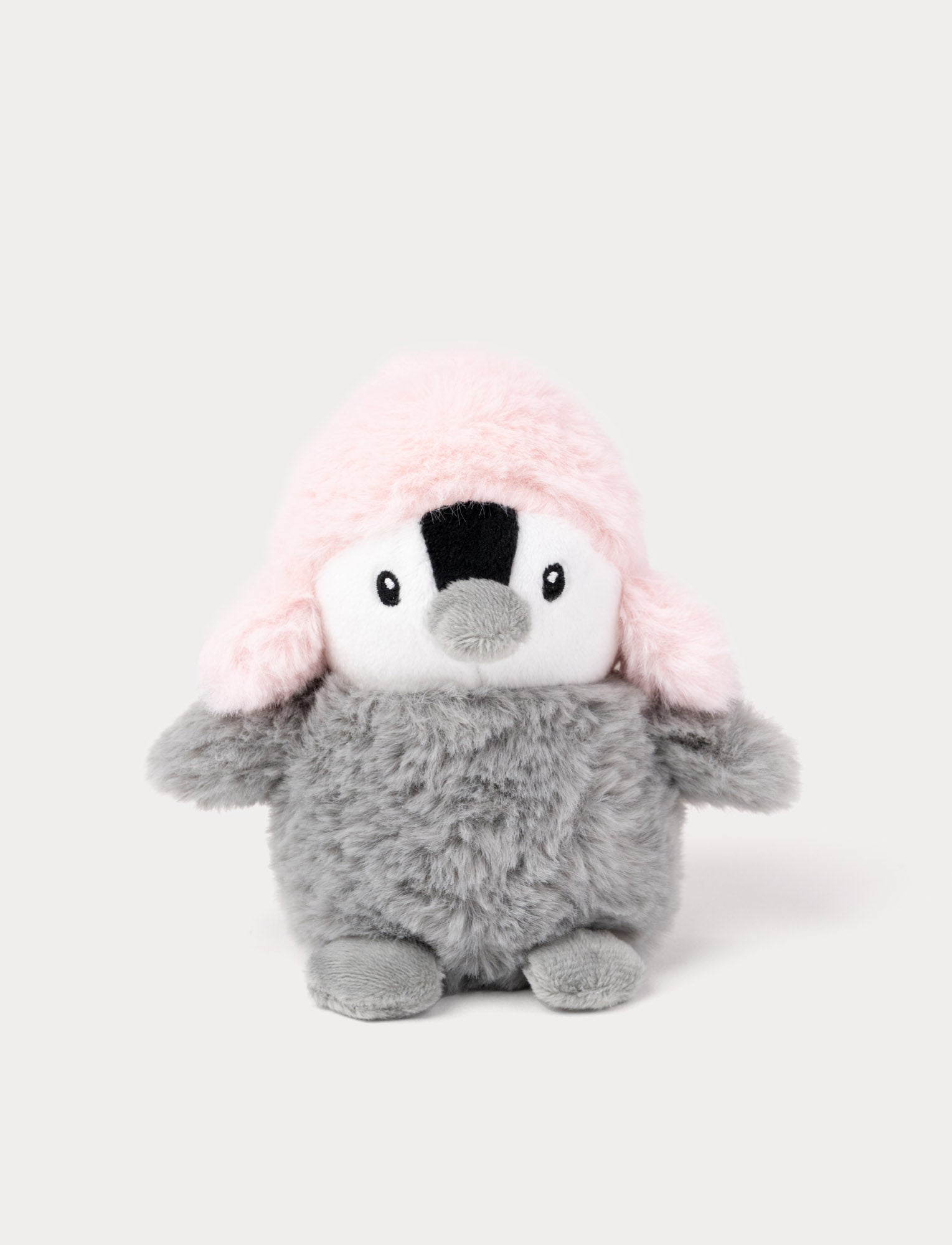  Image of Fluffy grey penguin plush with a pink hat.