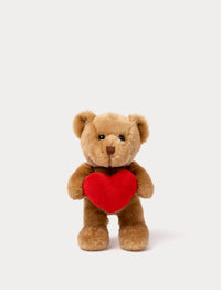 Soft brown teddy bear plush toy holding a bright red heart.