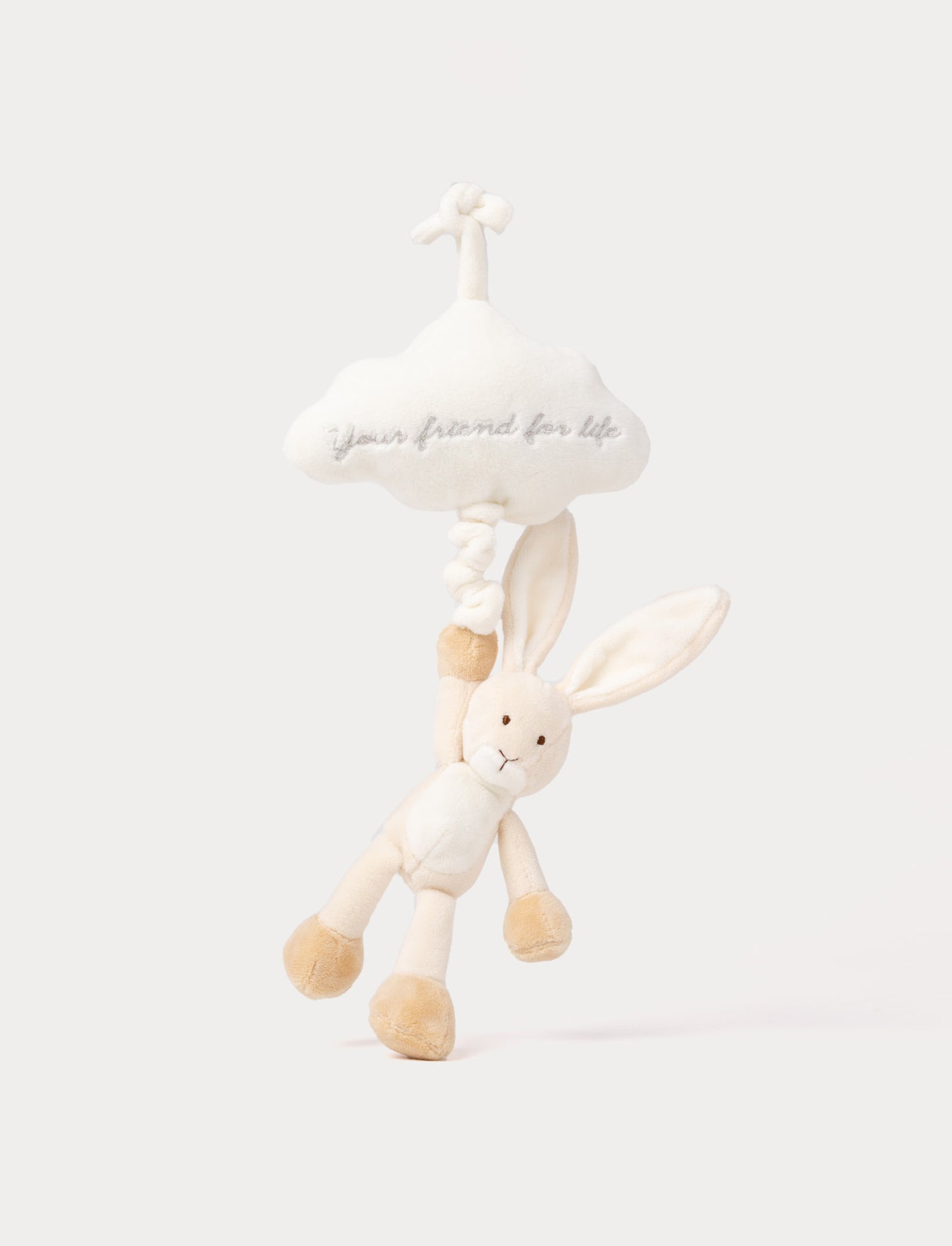 Soft musical plush toy with beige bunny hanging from white cloud, embroidered ‘Your friend for life’, perfect for baby crib or stroller.