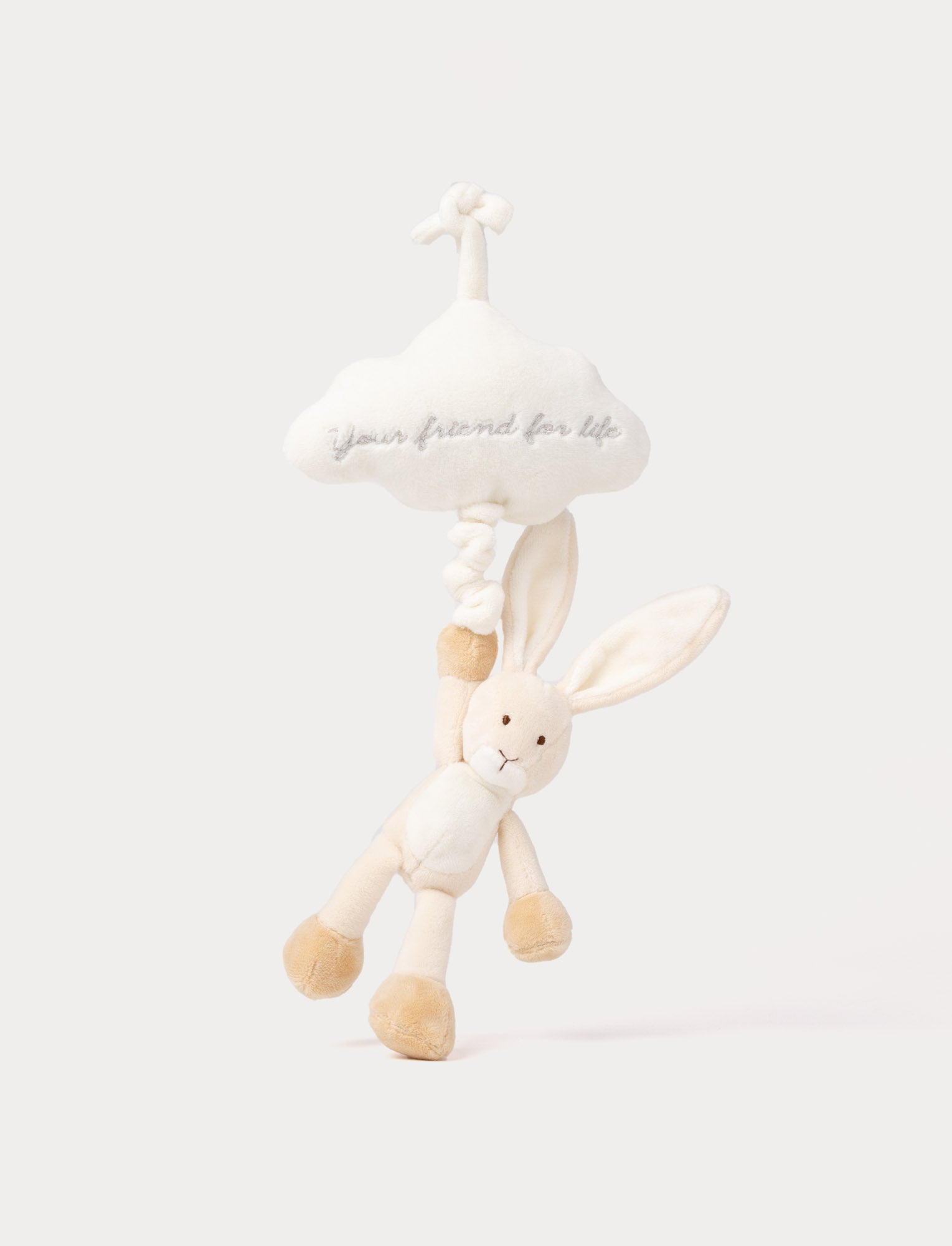  Image of Soft musical plush toy with beige bunny hanging from white cloud, embroidered ‘Your friend for life’, perfect for baby crib or stroller.