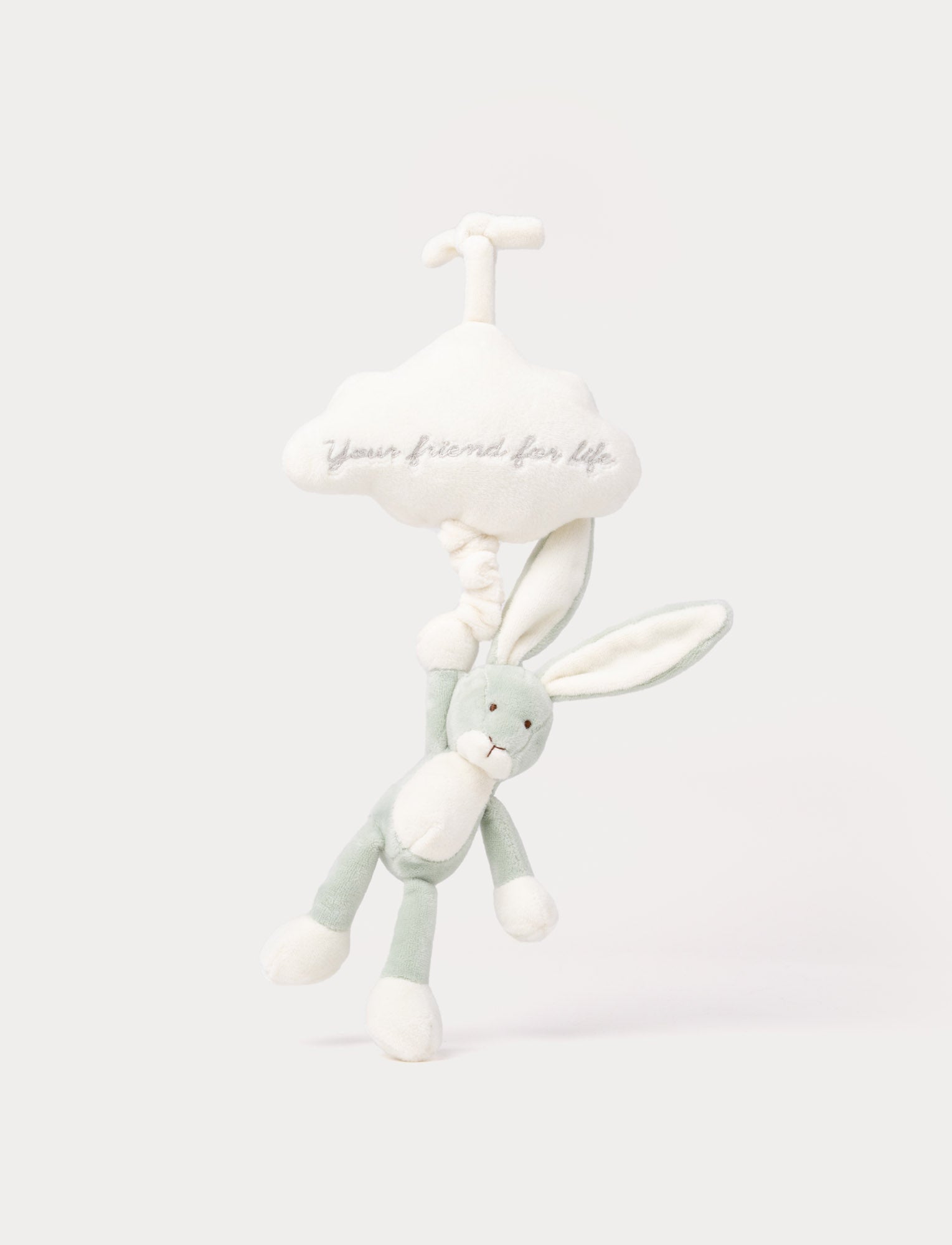  Image of Soft musical plush toy with green bunny hanging from white cloud, embroidered ‘Your friend for life’, perfect for baby crib or stroller.”