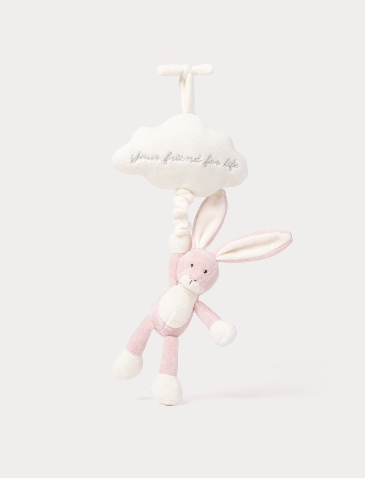  Image of Soft musical plush toy with pink bunny hanging from white cloud, embroidered ‘Your friend for life’, perfect for baby crib or stroller.”
