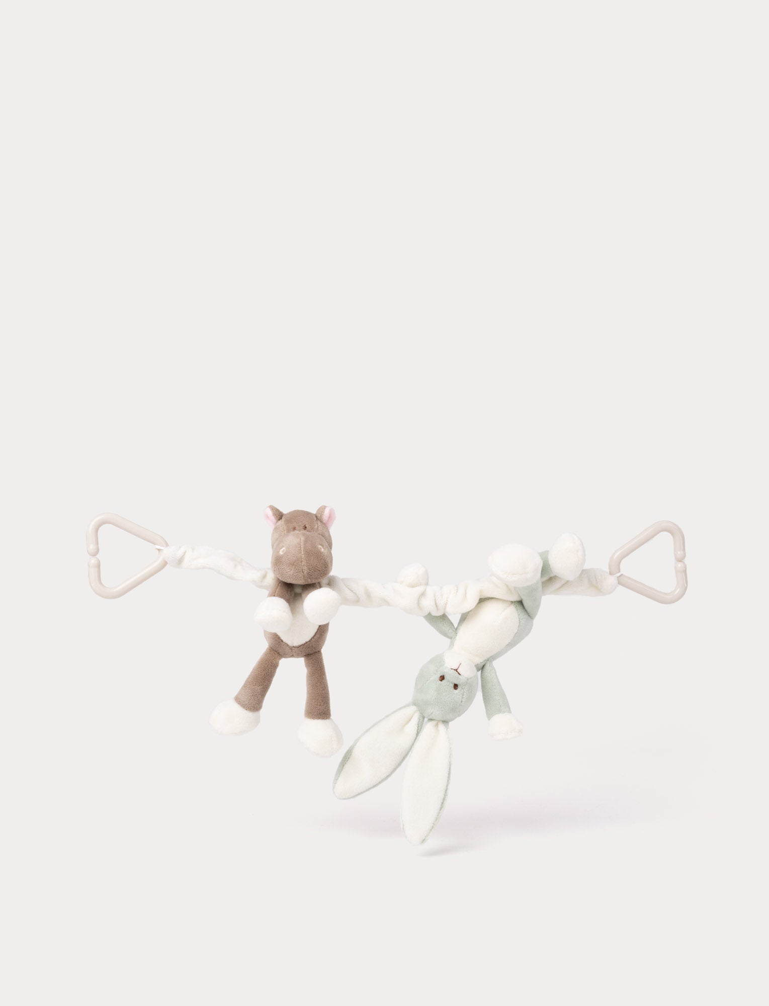  Image of Soft stroller toy with plush bunny and hippo figures, light green and brown, attached to flexible strap with clips