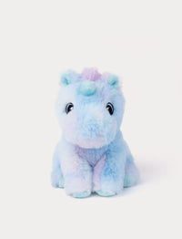 Fluffy purple unicorn plush with blue pastel accents.