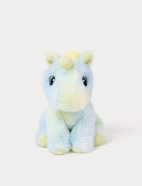 Fluffy yellow unicorn plush with blue and green pastel accents.