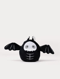 Soft black bat plush toy with glow-in-the-dark effect. Skeleton design.