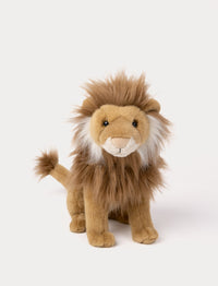 Realistic lion plush toy sitting with fluffy brown mane and tan fur.
