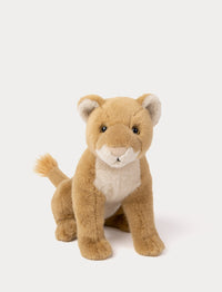 Realistic lioness plush toy sitting with soft tan fur and white chest.