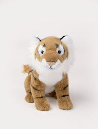 Realistic tiger plush toy sitting with soft orange fur, black stripes, and white details.