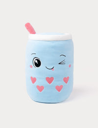 Soft turquoise bubble tea plush toy with winking face, pink hearts, and pink straw.