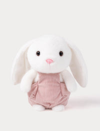 White plush bunny toy with pink overalls 
