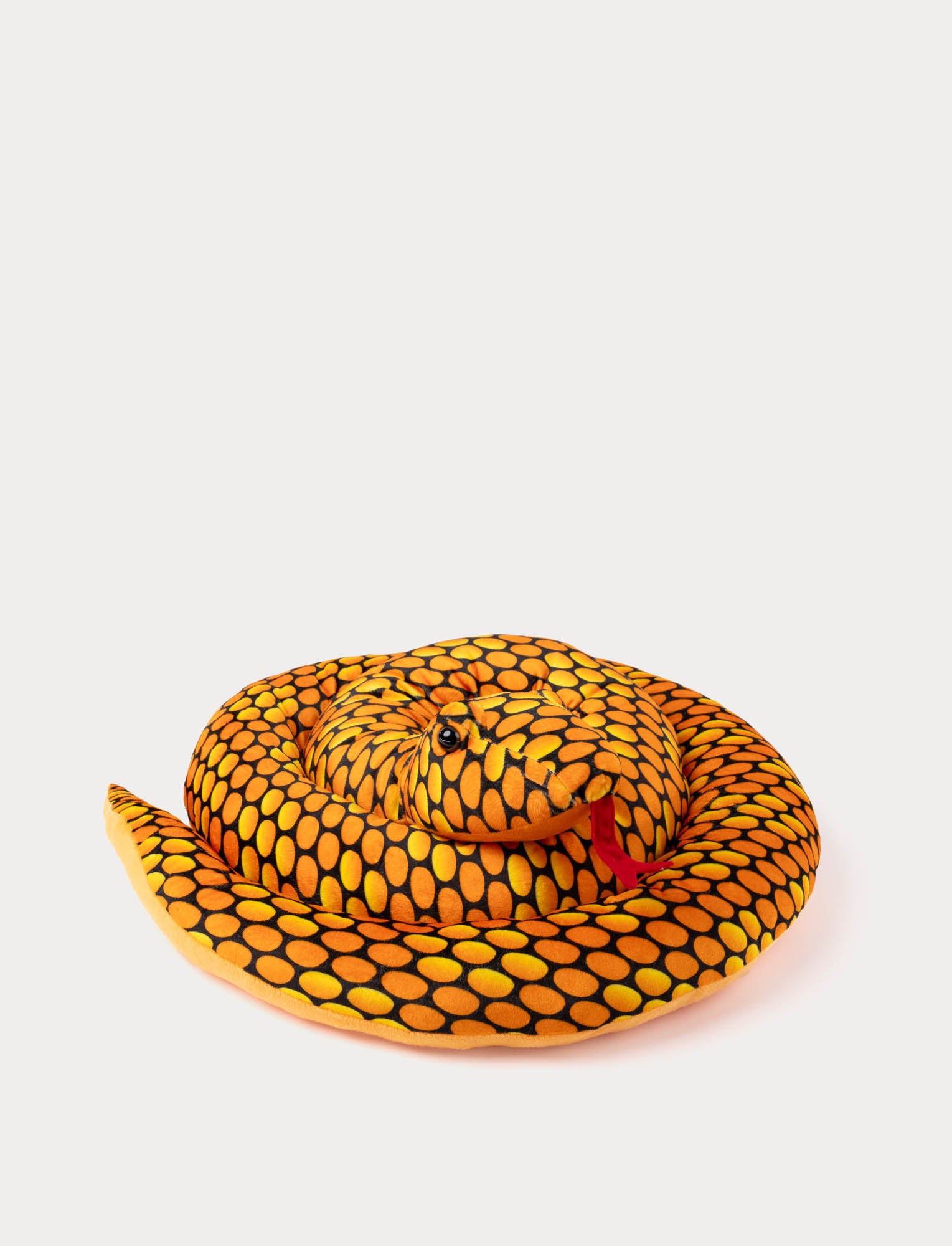  Image of Plush  snake with a yellow, orange and black pattern on a white background