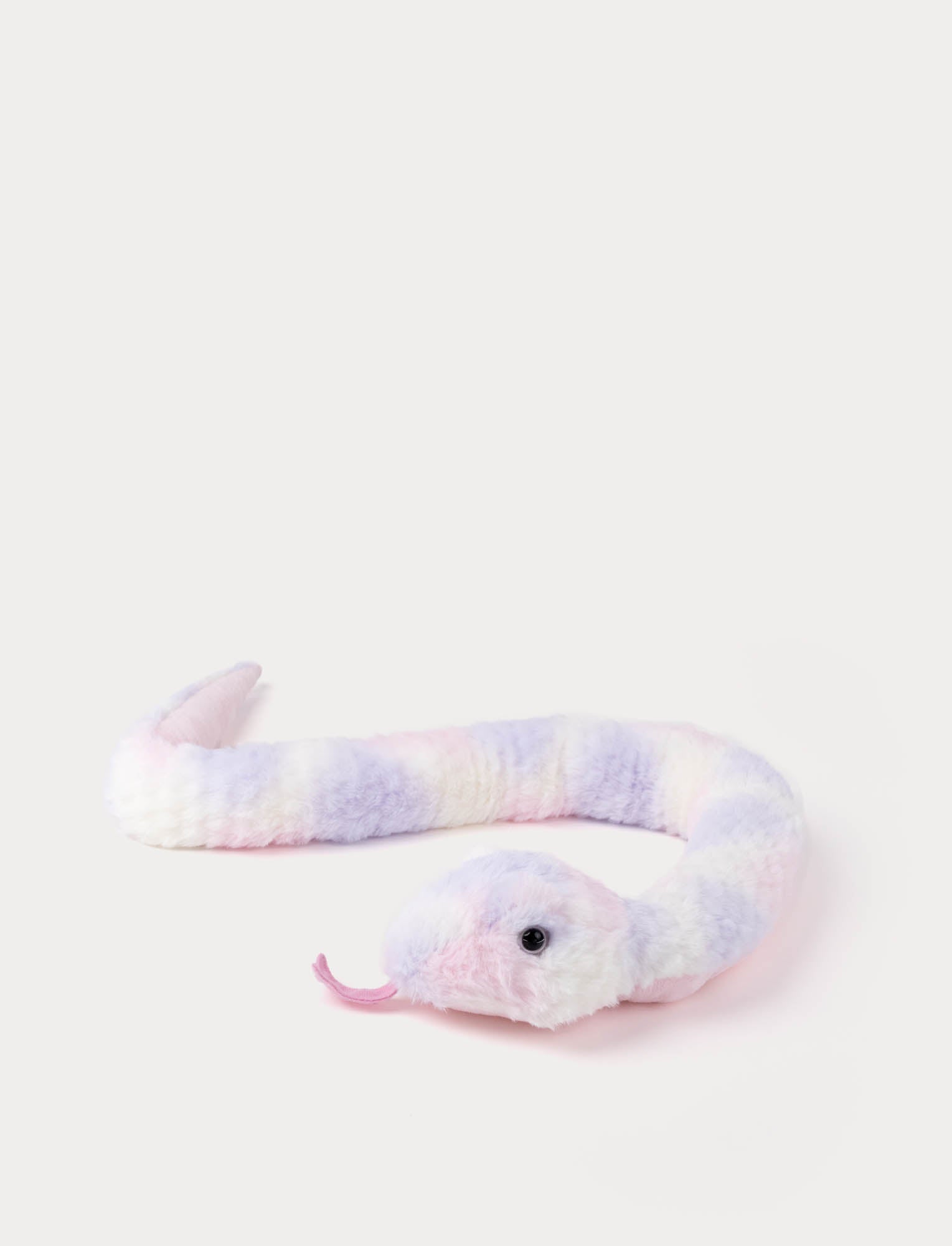  Image of Pink Plush toy snake with rainbow pastel colors on a white background