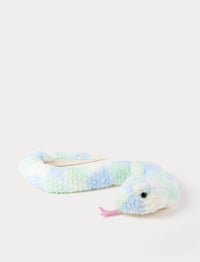 Blue Plush snake toy with rainbow pastel colors on a white background
