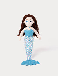 Mermaid doll with brown hair, blue top and blu/silver tail on a white background