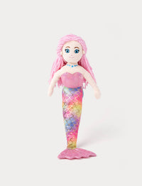 Mermaid doll with pink hair and a multicolored tail on a white background