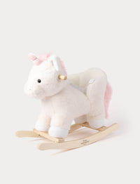 Soft white and pink plush unicorn baby rocking toy with safety seat and wooden rockers.