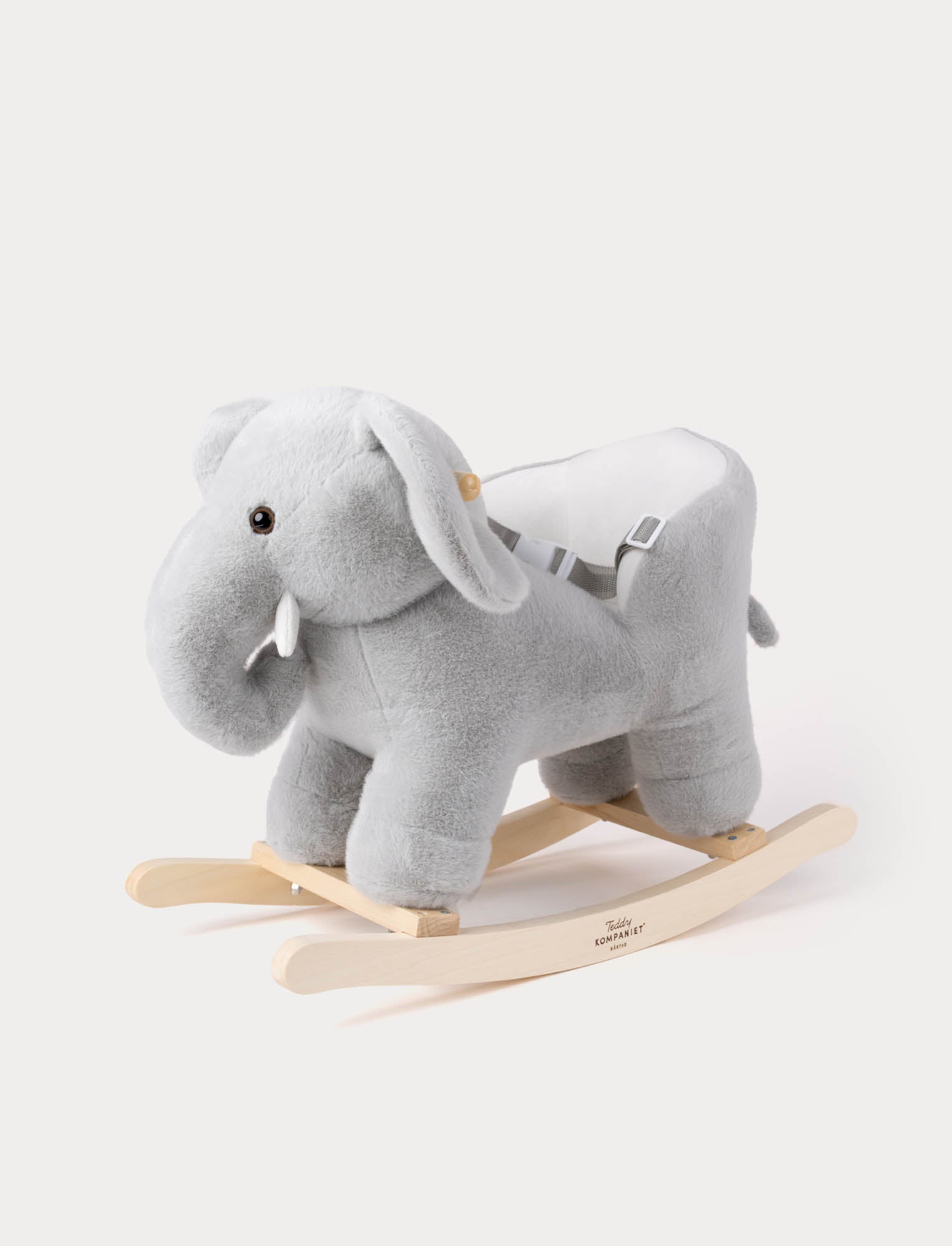  Image of Soft grey elephant rocking toy with wooden base and built-in baby seat with safety straps.