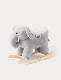 Soft grey elephant rocking toy with wooden base and built-in baby seat with safety straps.
