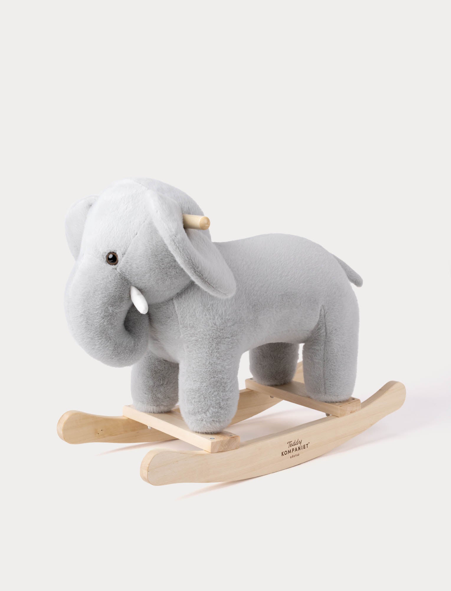 Image of Plush grey elephant rocking toy with wooden handles and wooden rocker base