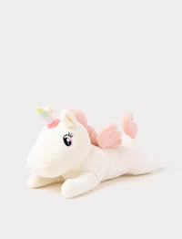 White unicorn plush toy with a rainbow horn