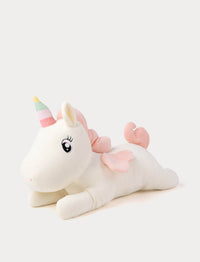 White unicorn plush toy with a rainbow horn