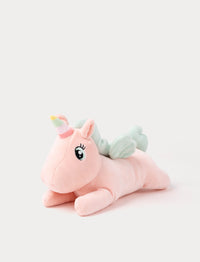 Pink unicorn plush toy with a rainbow horn