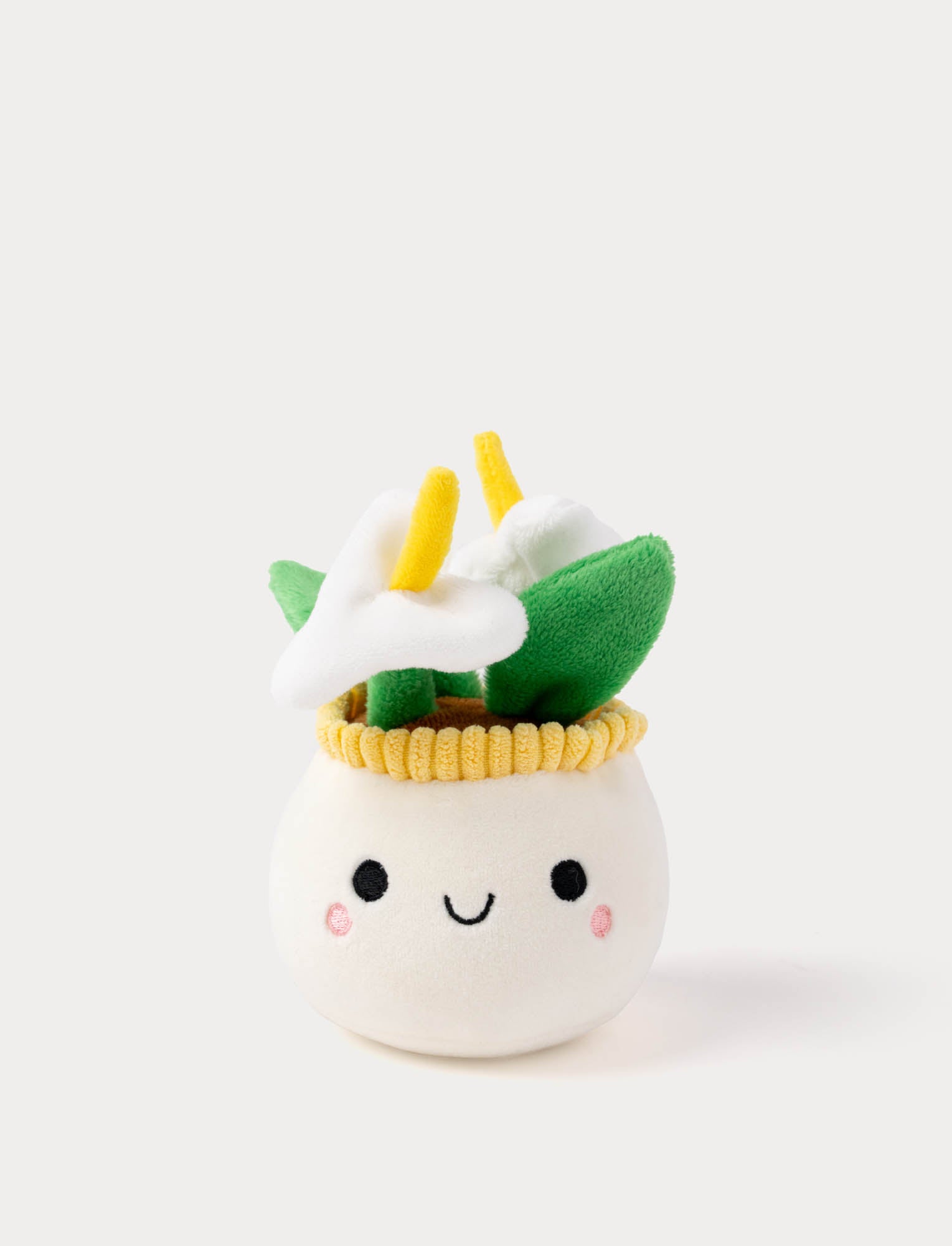  Image of Plush toy resembling a flower pot and green leaves on a white background