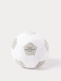 White and gray plush soccer ball with 'Teddykompaniet' branding on a white background