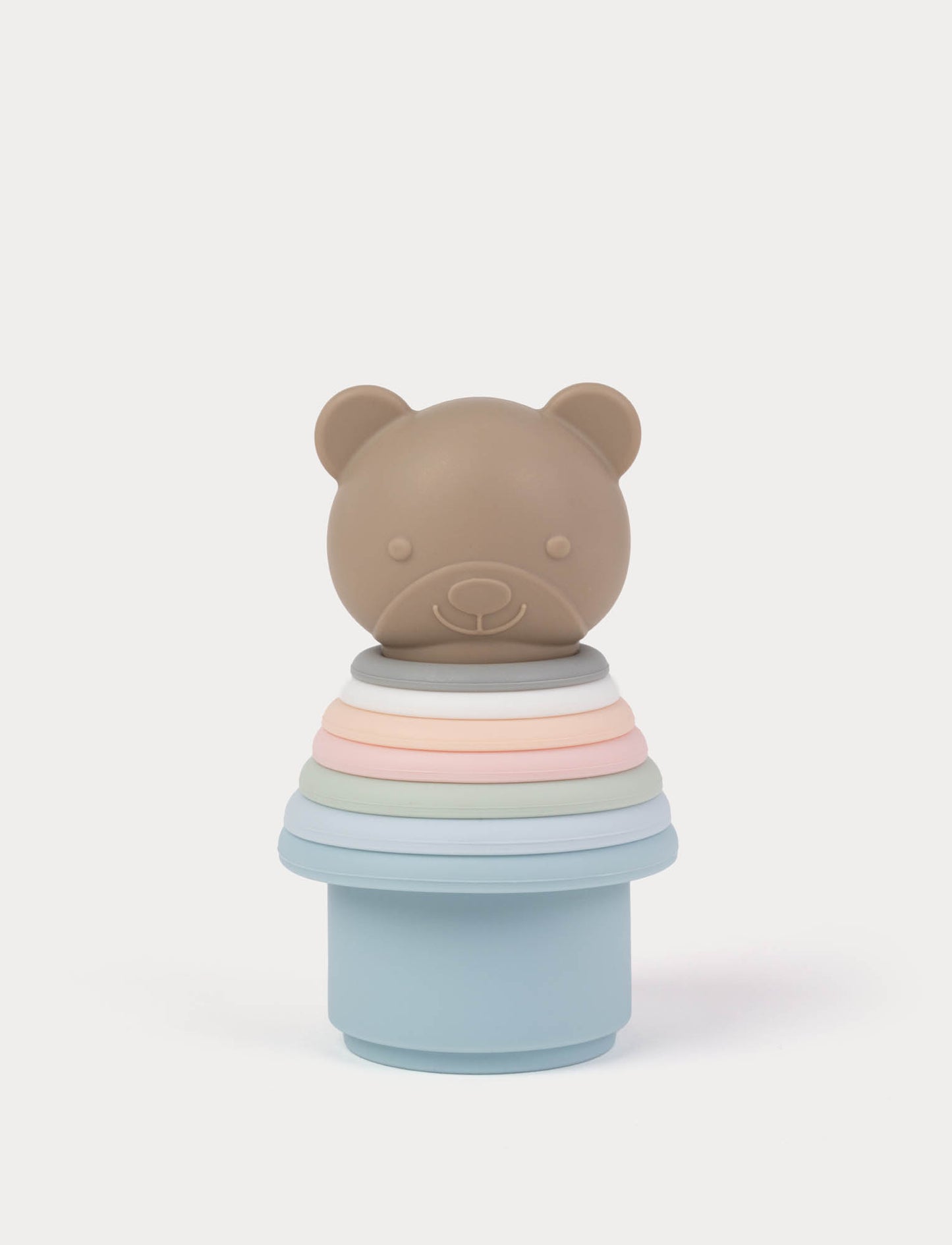 Teddy bear-shaped stacking toy in silicone, colorful pastels