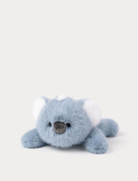 Blue plush koala toy lying down 
