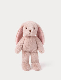 Pink plush bunny toy on a white background